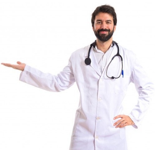 Caucasian doctor pointing to the right